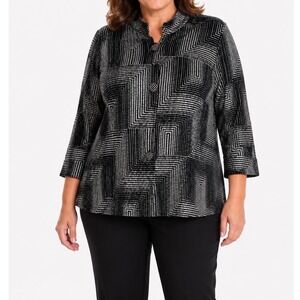 JM Collection Woman Silver Black Metallic Geometric Button Front Jacket 2X